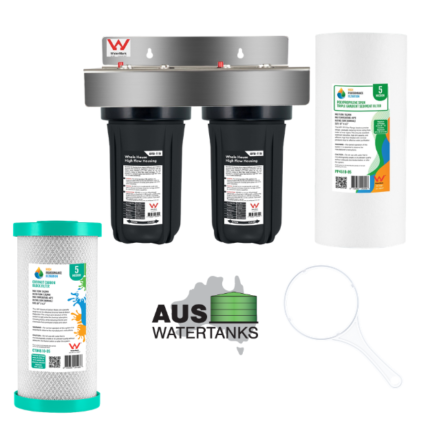 Twin Stage Whole House Water Filter System kit – 10 inch x 4.5 inch 1 x 5micron poly spun sediment filter 1 x 5micron coconut carbon block