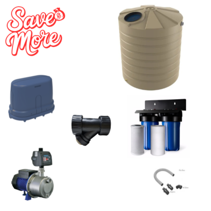 POLY RAINWATER TANKS ROUND 5000 LTR COMBO PACK  TWIN 10'' SMALL HOUSE FILTER